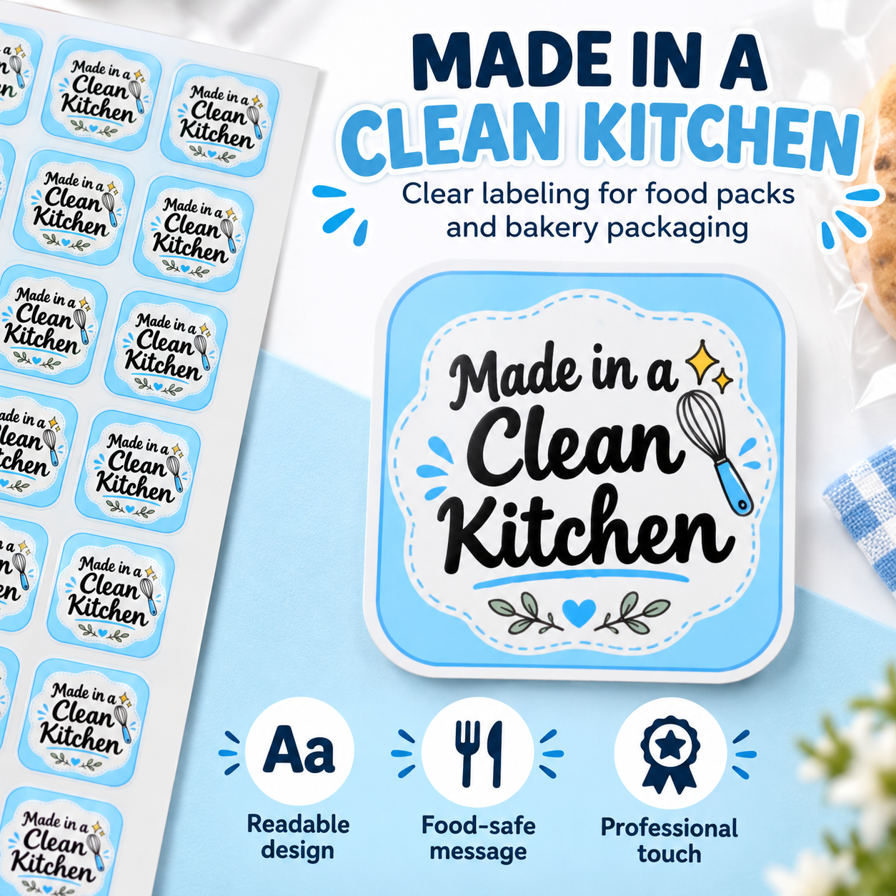 Made in a Clean Kitchen stickers self-adhesive backing