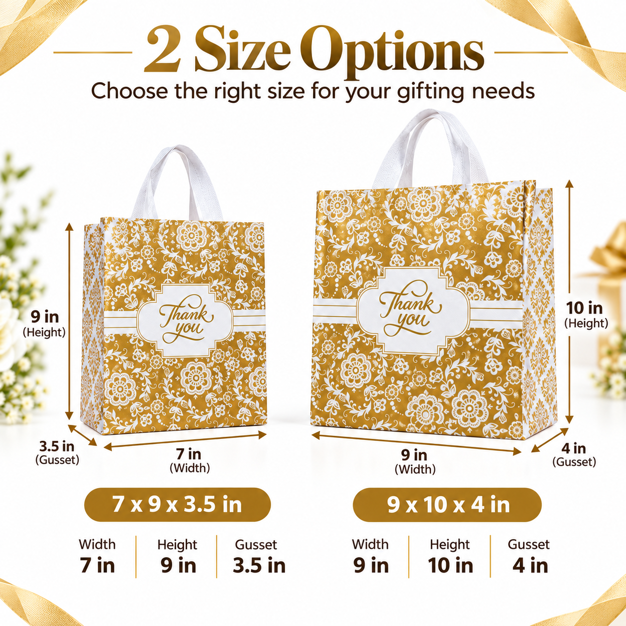 Non-woven gift bag – gold, size guide