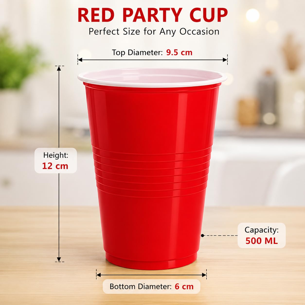 Red 500 ml party cups – dimensions