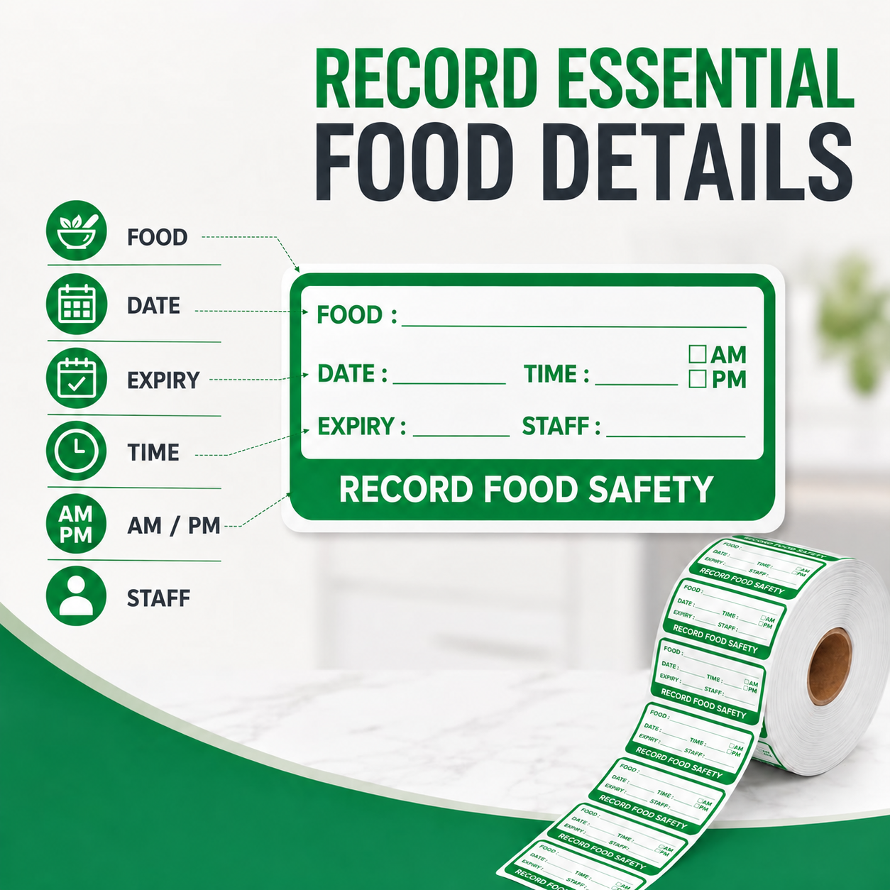 Green self-adhesive date label roll 2.5 x 5 cm – record food details