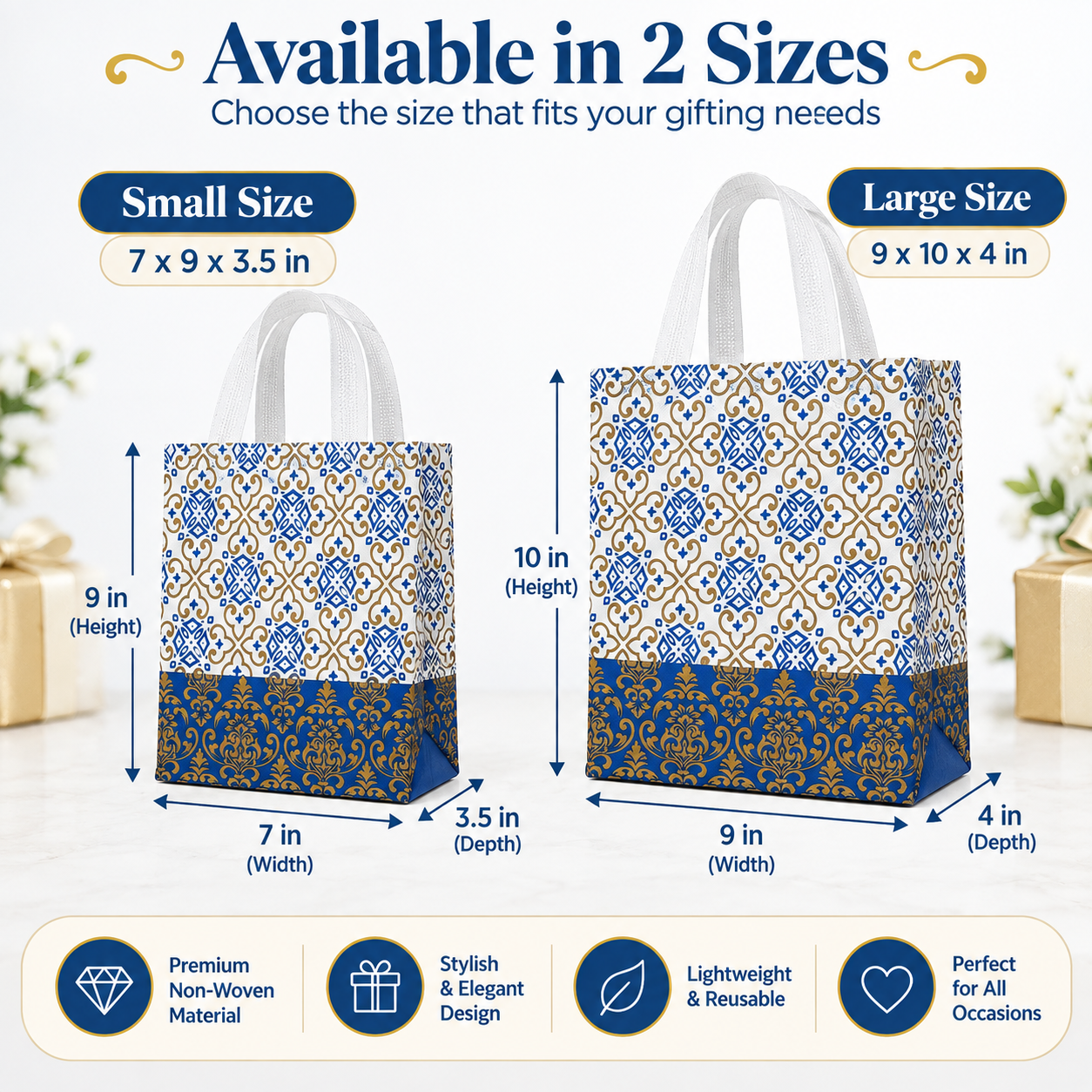Non-woven gift bag – blue, size guide