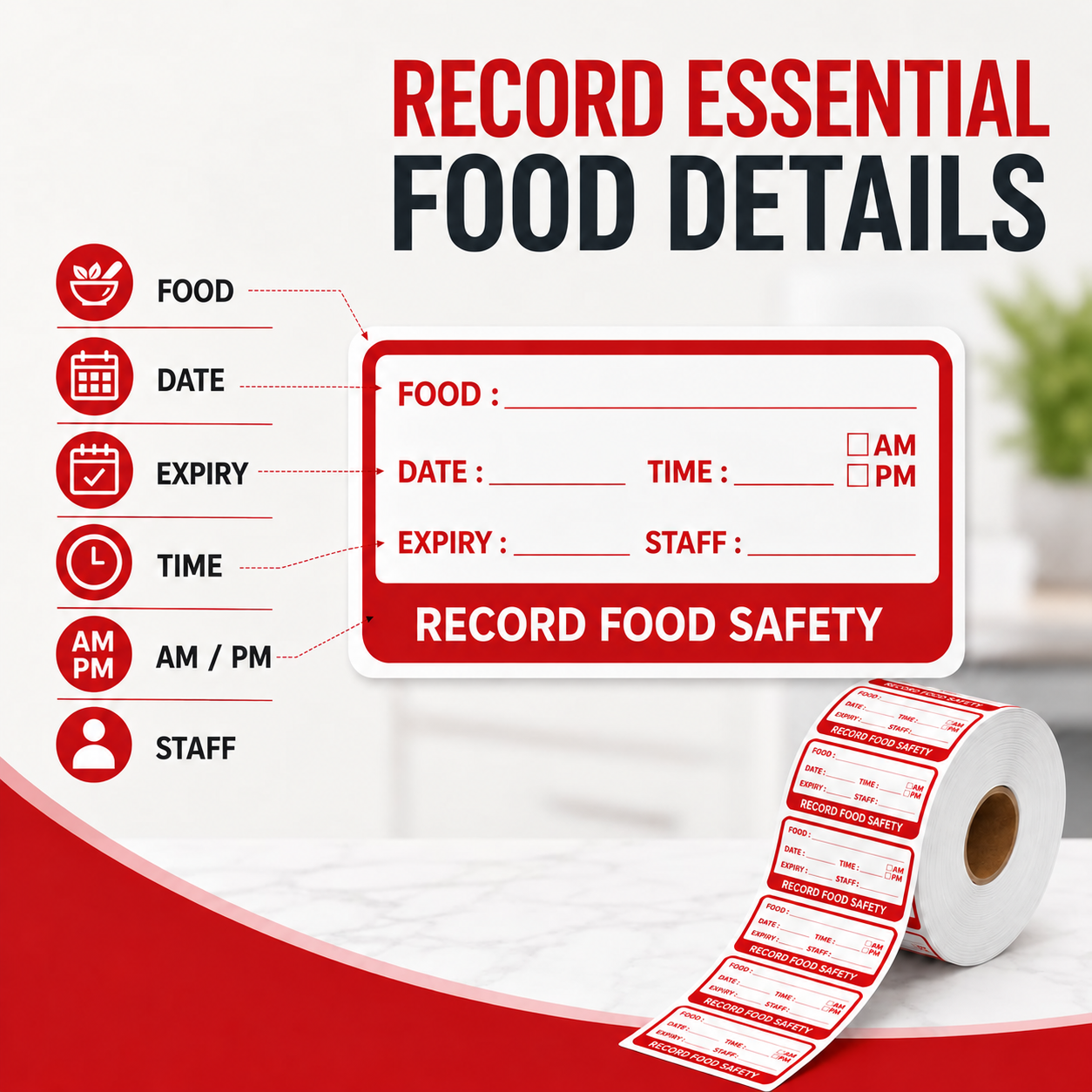 Red self-adhesive date label roll 2.5 x 5 cm – record food details