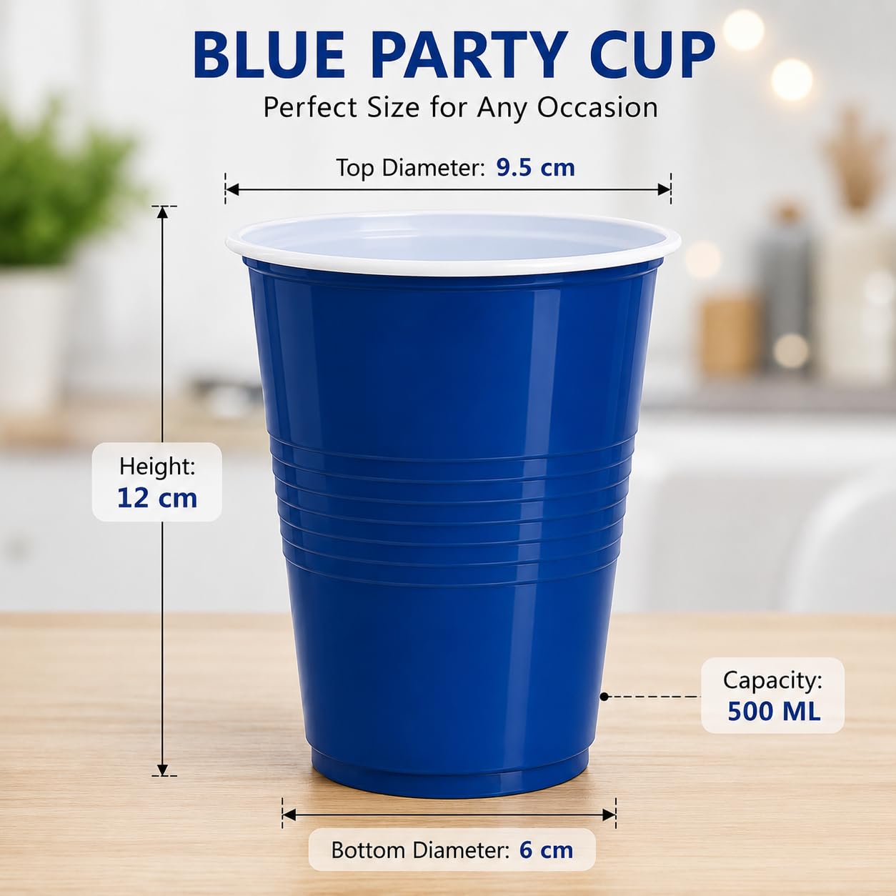 Blue 500 ml party cups – dimensions