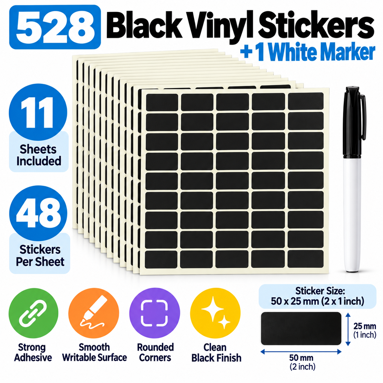 Vinyl label stickers 50 x 25 mm – black, 528 labels