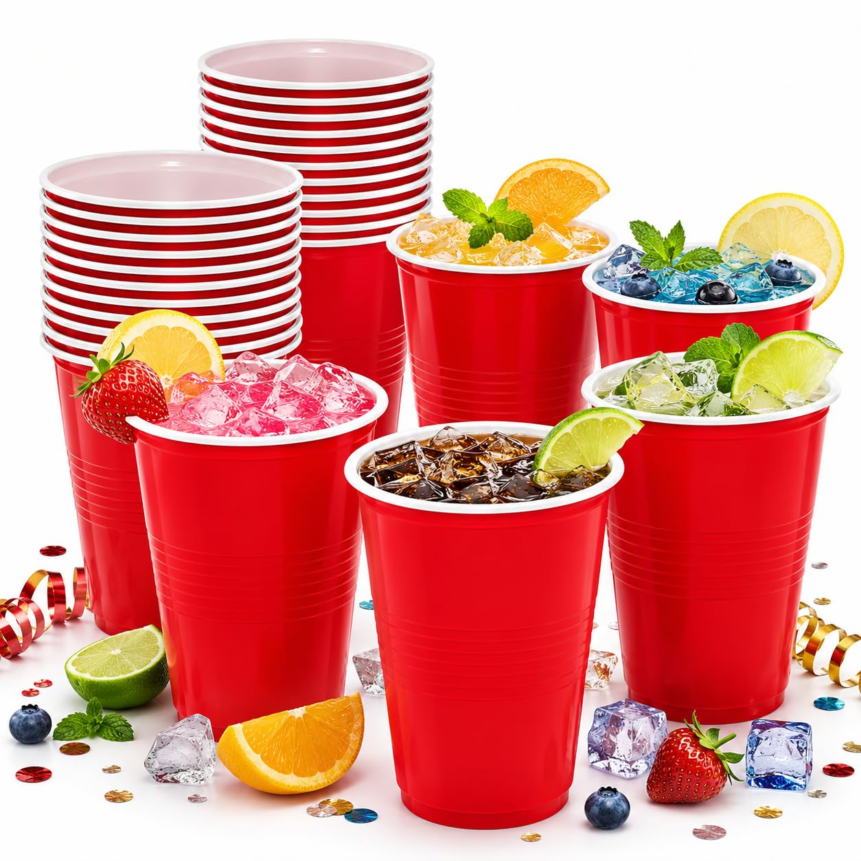 Red 500 ml party cups – stack of cups with drinks