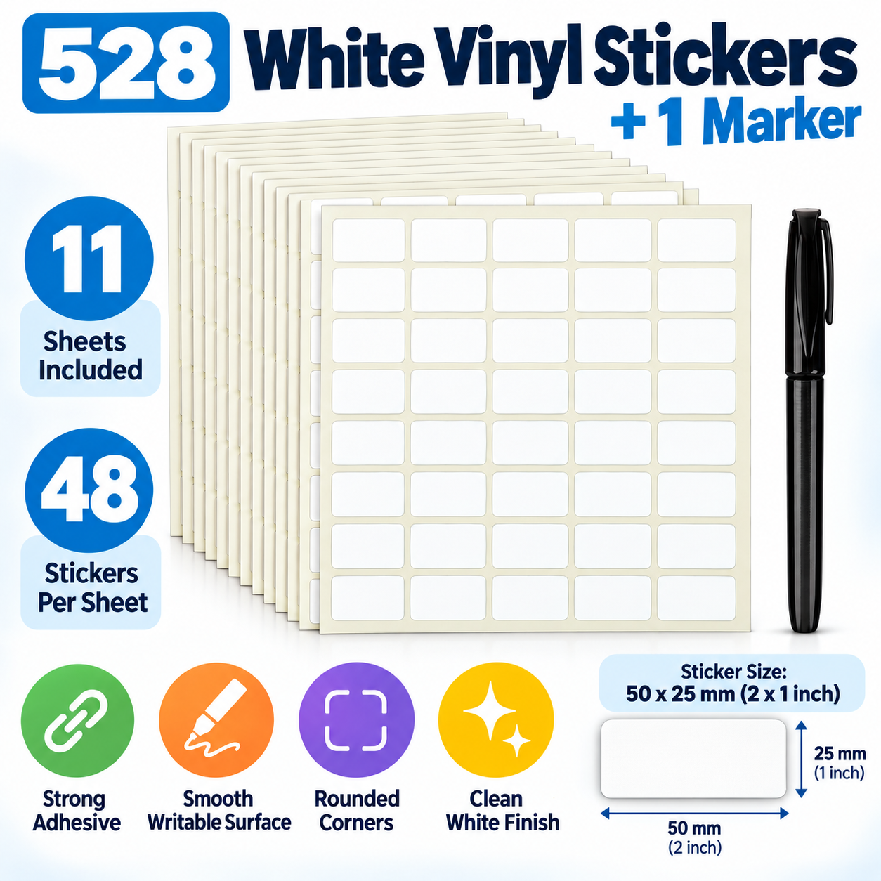 Vinyl label stickers 50 x 25 mm – white, 528 labels