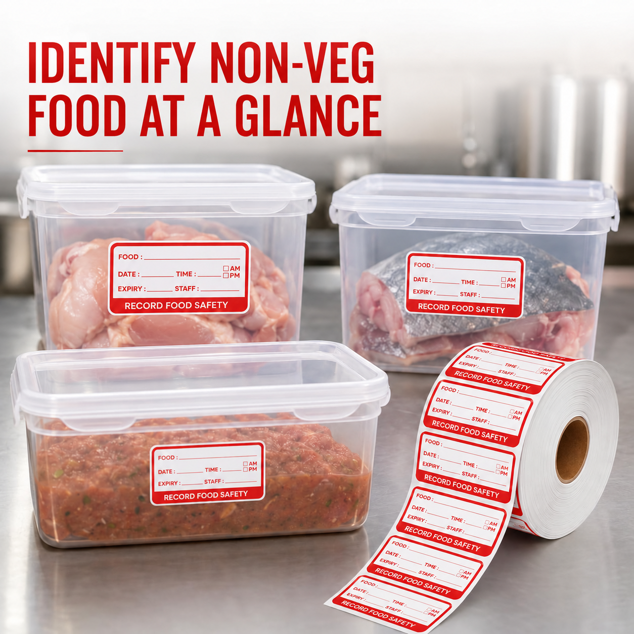 Red self-adhesive date label roll 2.5 x 5 cm – non-veg food labelling