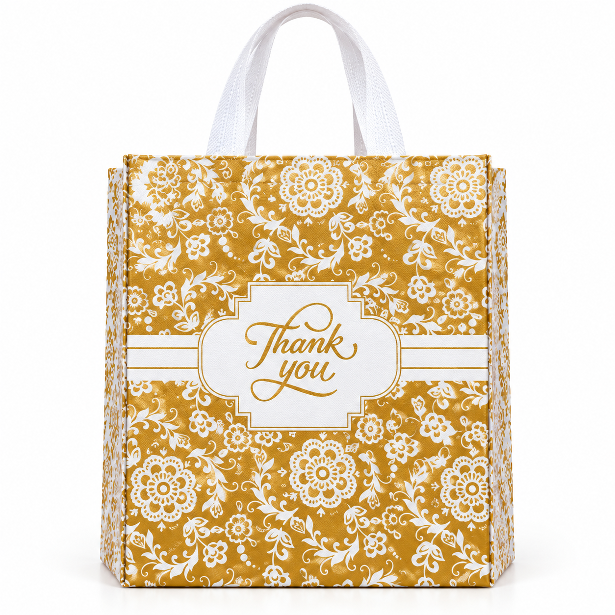 Non-woven gift bag – gold floral Thank You design