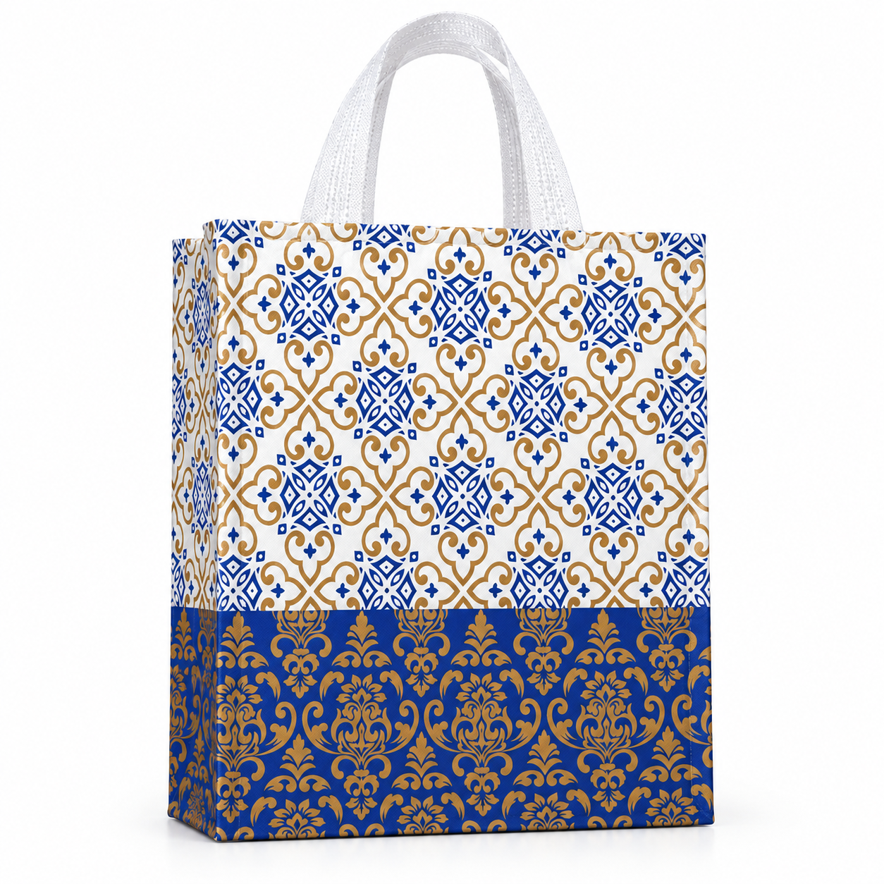 Non-woven gift bag – blue gold ornamental design
