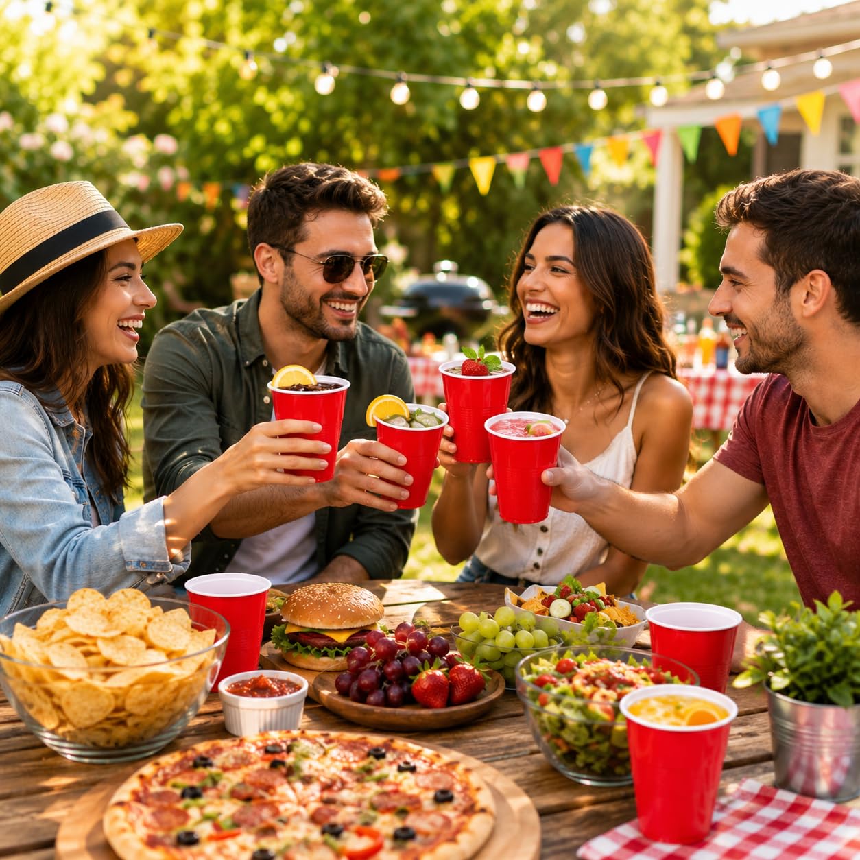 Red 500 ml party cups – at a party