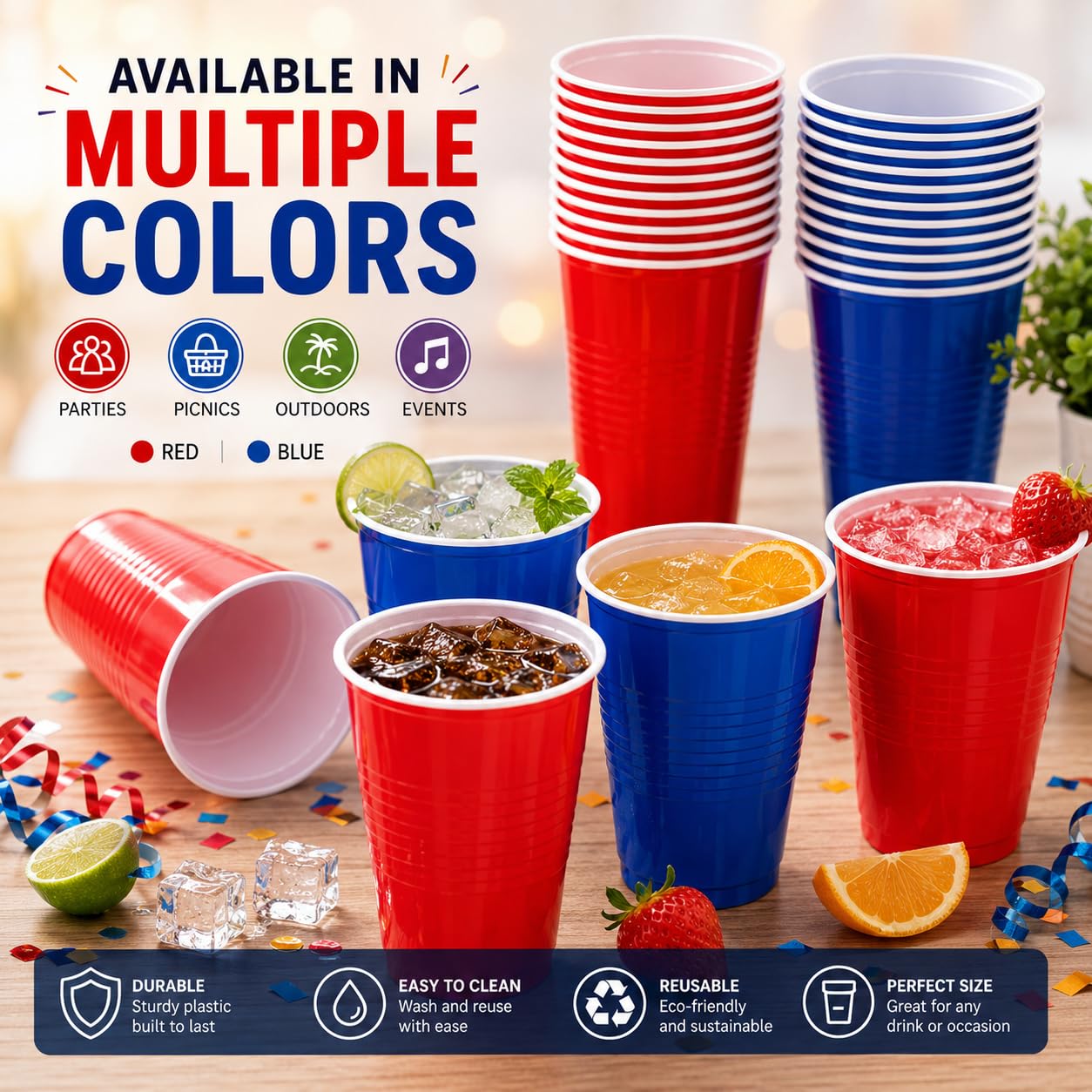 Red 500 ml party cups – red and blue colours