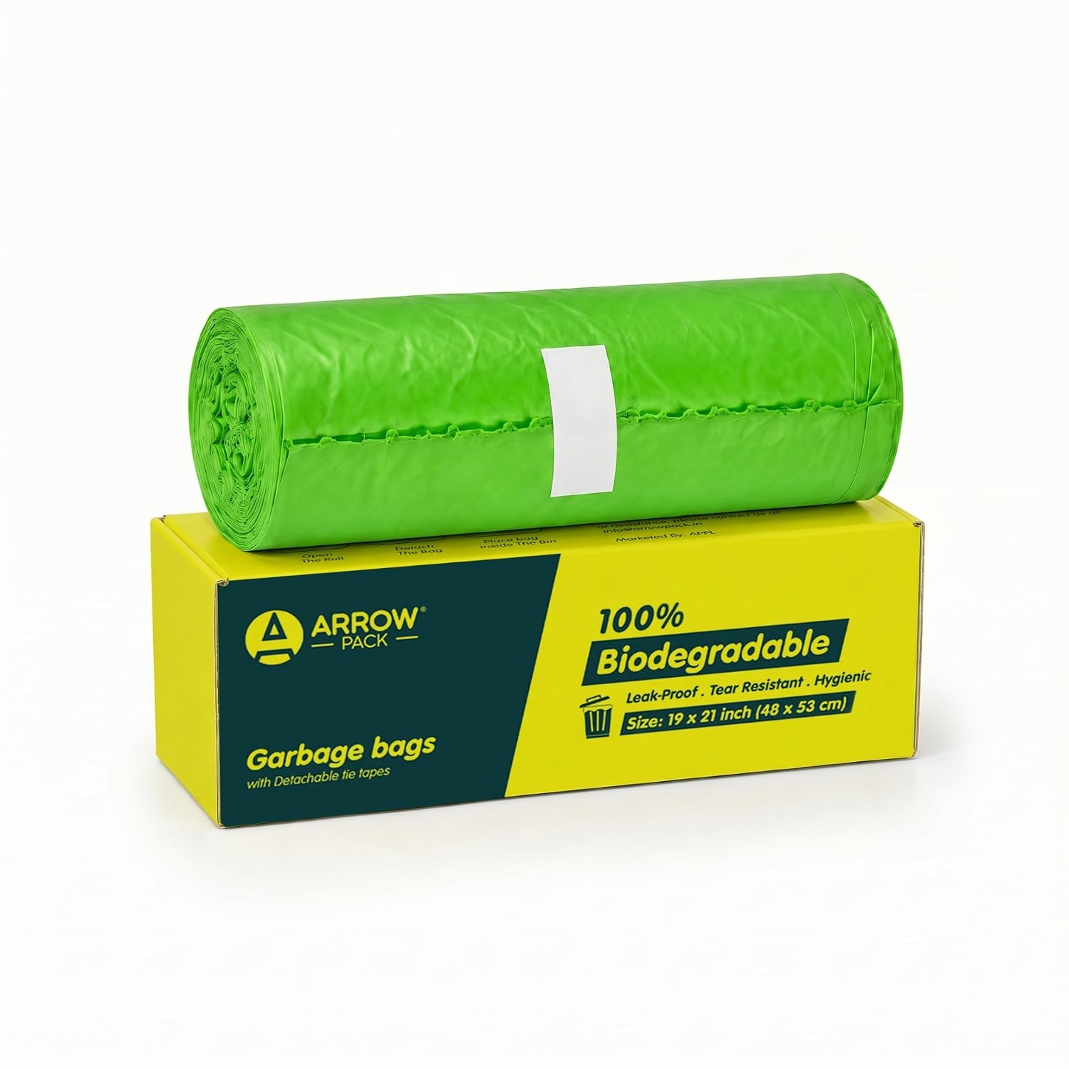Biodegradable garbage bags, green with detachable tie-string — Arrowpack