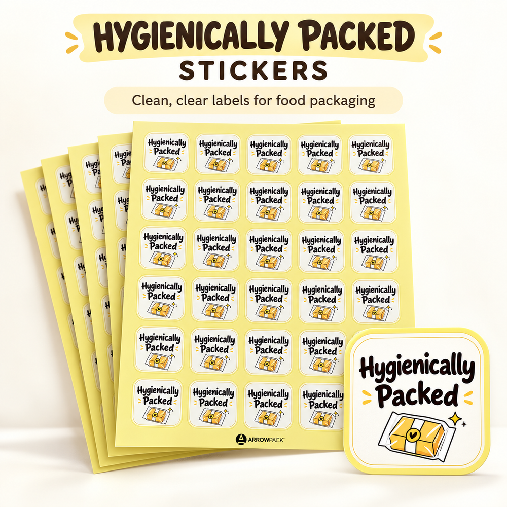 Hygienically Packed stickers, yellow packed-box design — Packpe