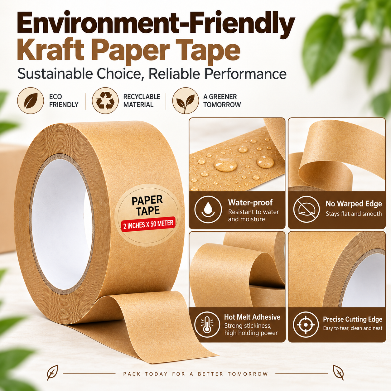 Kraft paper tape rolls, 48 mm x 50 m bulk pack