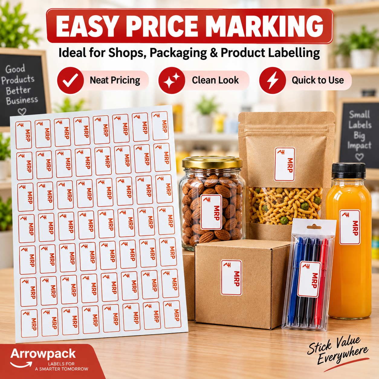 MRP price stickers on retail packaging