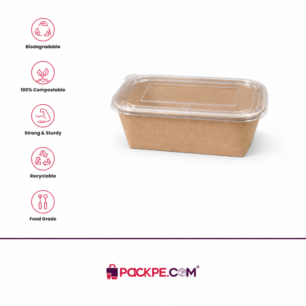 Kraft Rectangle Container 650 ml with Lid - Packpe (3 of 3)