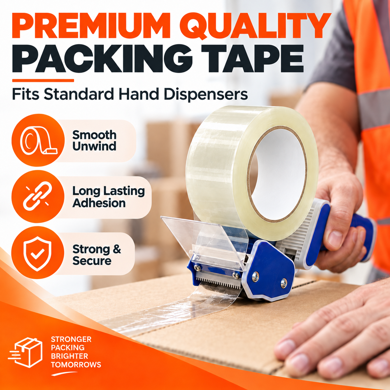 Transparent BOPP tape sealing a carton with labels visible