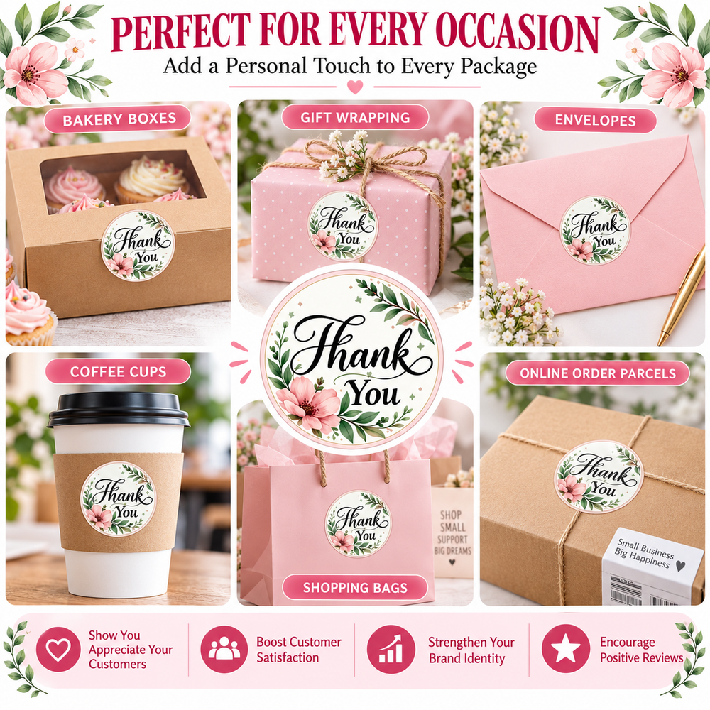 Thank You stickers in use on bakery boxes and gift wrap