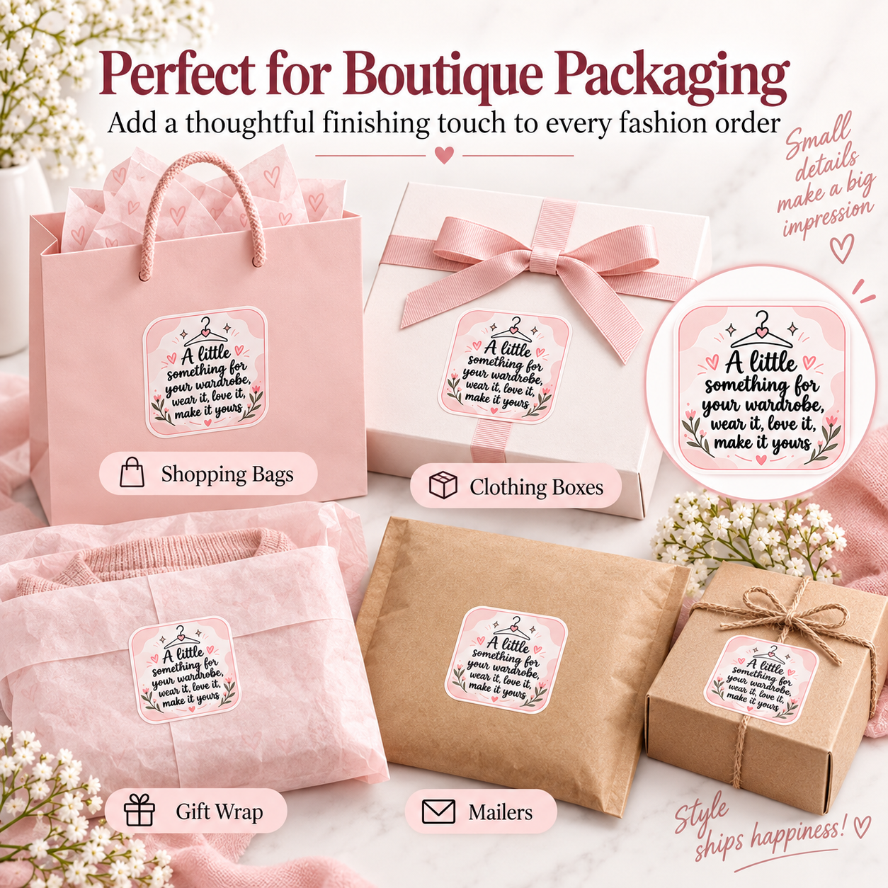 Boutique packaging stickers on garment bags and clothing boxes
