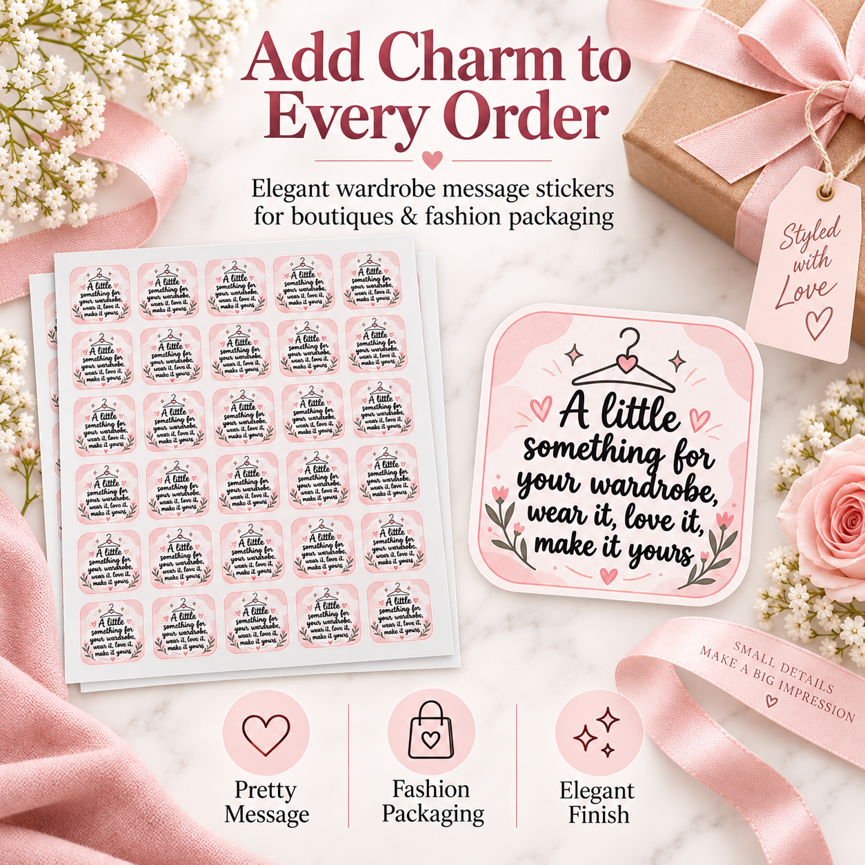 Boutique packaging sticker sheets, 35 per sheet