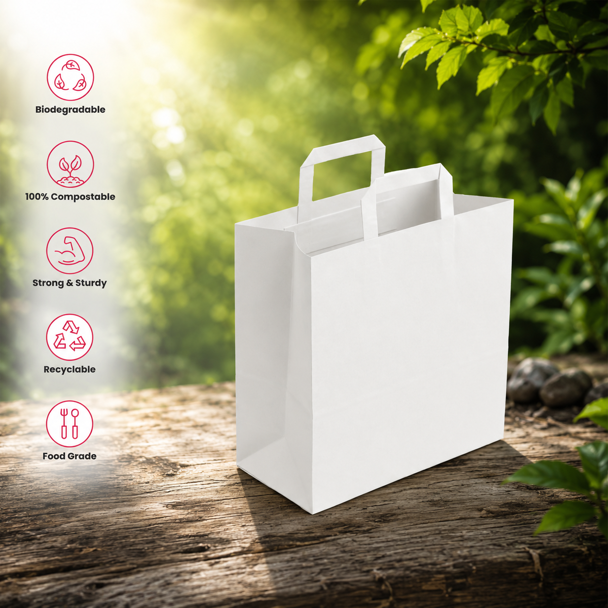 White Flat Handle Paper Bag 29x15x29.5 cm | Pack of 250 | Durable, Food-Grade | Ideal for Retail, Gifting & Food Packaging
